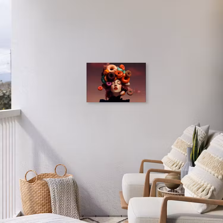 Vrouw - Donuts - Kleurrijk Tuinposter op houten frame 2 cm dik klein -sfeer1