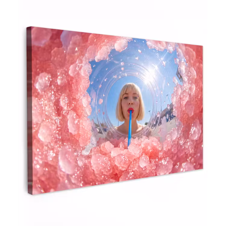 Vrouw - Drank - Zomer - Roze - Blauw Tuinposter op houten frame 2 cm dik klein -3d
