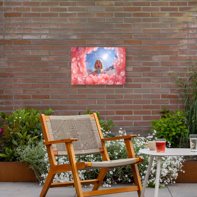 Vrouw - Drank - Zomer - Roze - Blauw Tuinposter op houten frame 2 cm dik klein -sfeer3