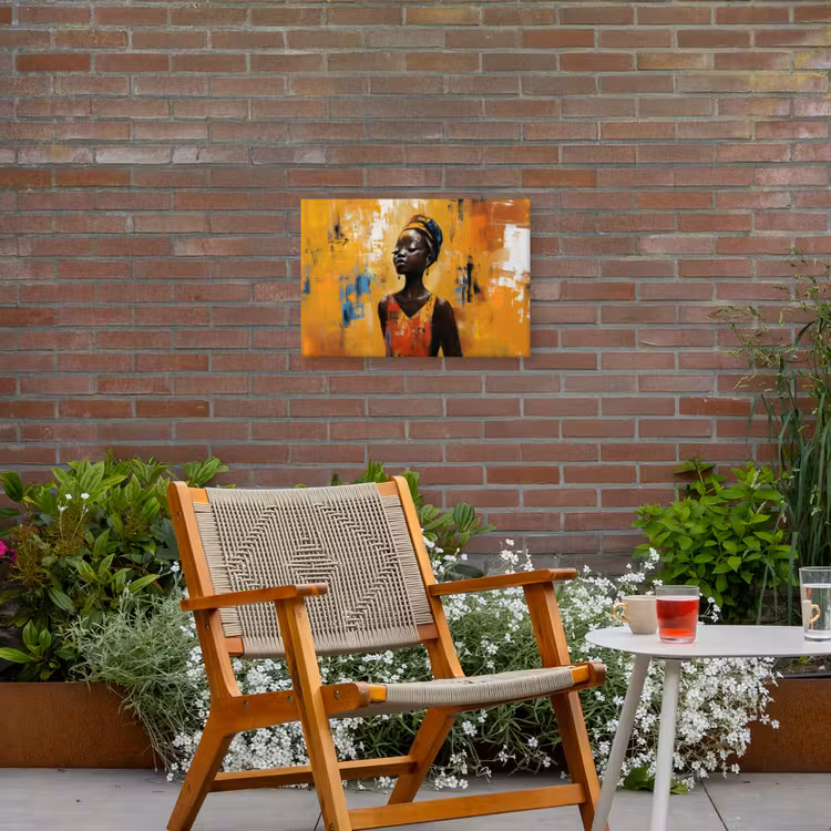 Vrouw - Ogen - Penseelstreken - Geel Tuinposter op houten frame 2 cm dik klein -sfeer3