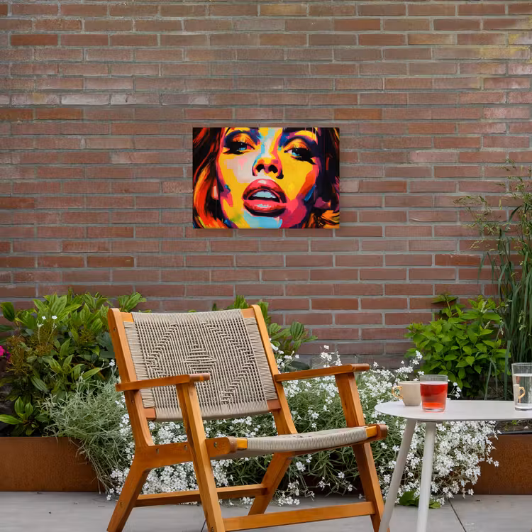 Vrouw - Gezicht - Kleurrijk Tuinposter op houten frame 2 cm dik klein -sfeer3