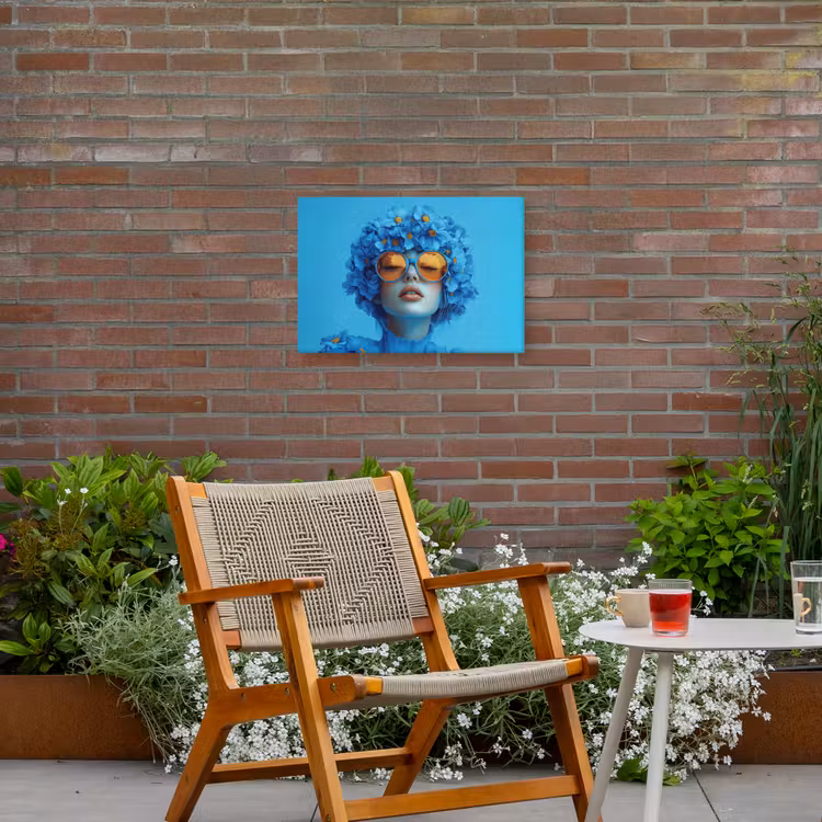 Vrouw - Bloem - Blauw - Modern - Bril - Portret Tuinposter op houten frame 2 cm dik klein -sfeer3