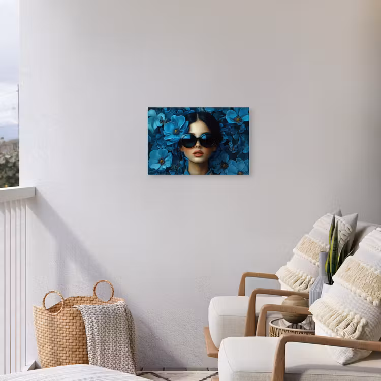 Vrouw - Bloemen - Blauw - Aesthetic - Luxe Tuinposter op houten frame 2 cm dik klein -sfeer1