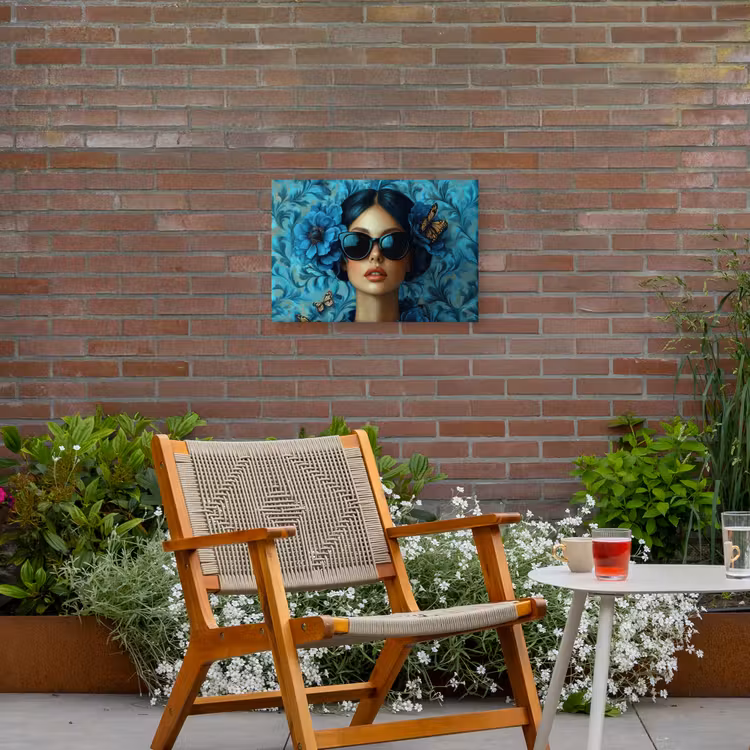 Vrouw - Bloemen - Vlinders - Blauw - Abstract Tuinposter op houten frame 2 cm dik klein -sfeer3