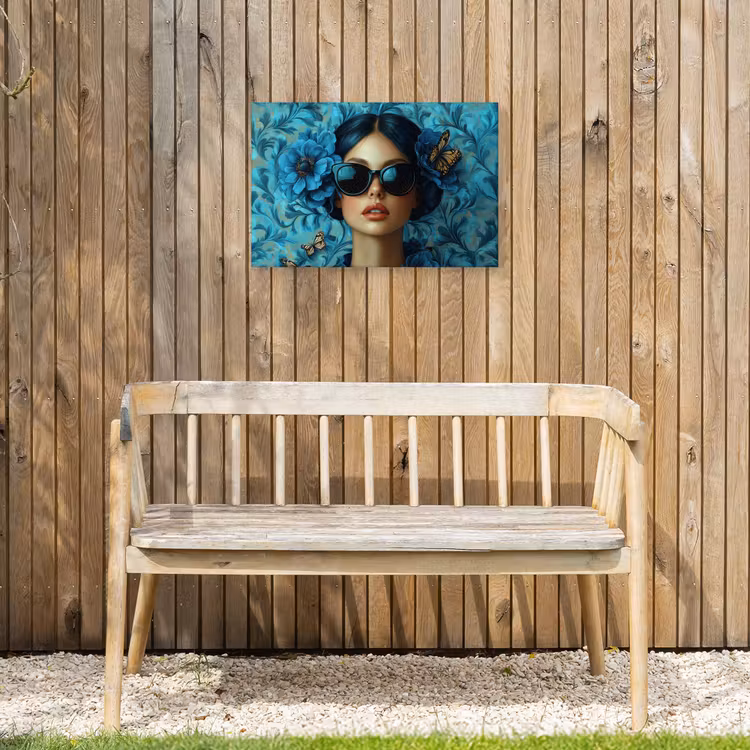 Vrouw - Bloemen - Vlinders - Blauw - Abstract Tuinposter op houten frame 2 cm dik klein -sfeer4