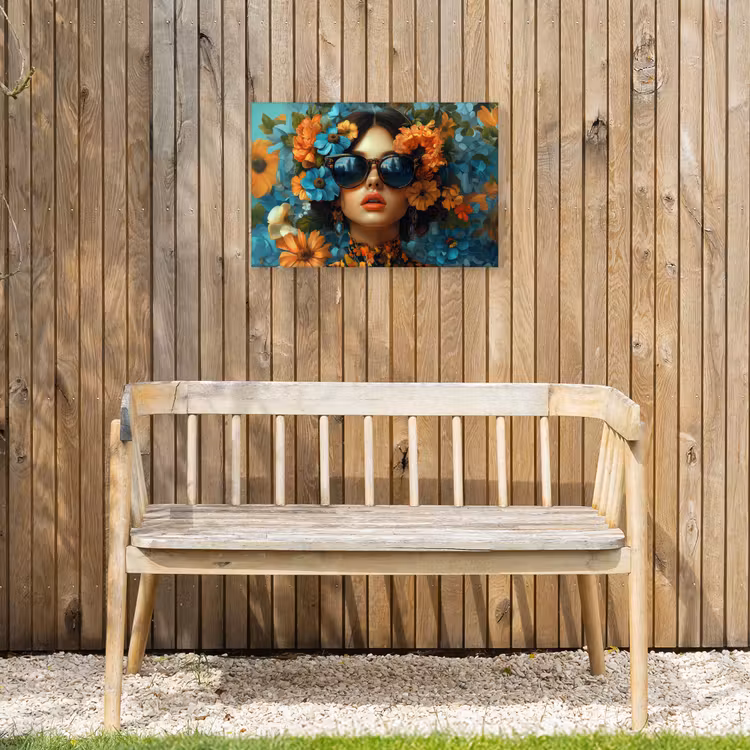 Vrouw - Bloemen - Oranje - Blauw - Modern Tuinposter op houten frame 2 cm dik klein -sfeer4