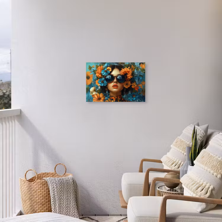 Vrouw - Bloemen - Oranje - Blauw - Modern Tuinposter op houten frame 2 cm dik klein -sfeer1