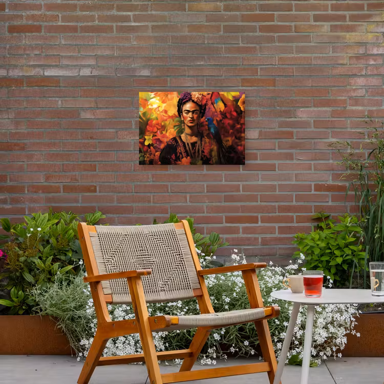 Vrouw - Bloemen - Papegaai - Schilderachtig Tuinposter op houten frame 2 cm dik klein -sfeer3