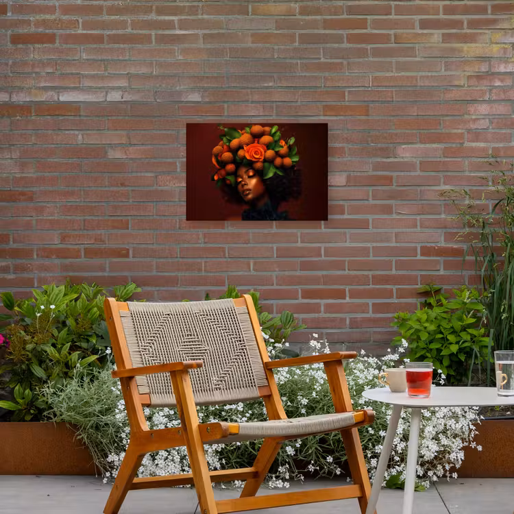 Vrouw - lychee - exotisch Tuinposter op houten frame 2 cm dik klein -sfeer3