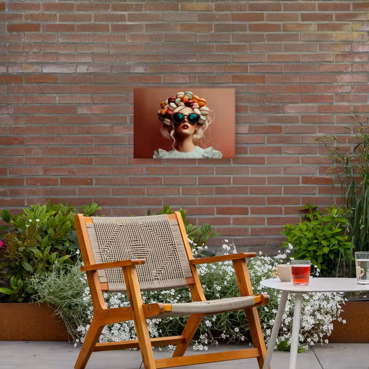 Vrouw - Macarons - Bril Tuinposter op houten frame 2 cm dik klein -sfeer3