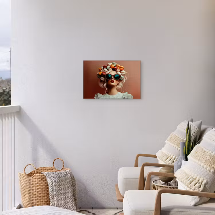 Vrouw - Macarons - Bril Tuinposter op houten frame 2 cm dik klein -sfeer1