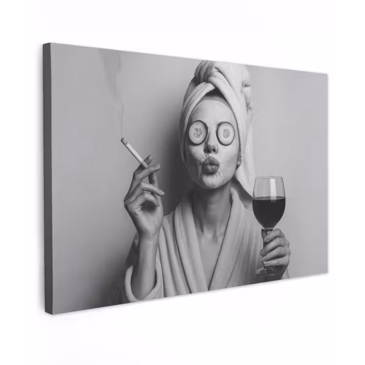 Vrouw - Masker - Wijn - Sigaret Tuinposter op houten frame 2 cm dik klein -3d