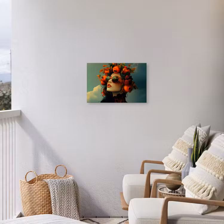 Vrouw - Granaatappel - Herfst - Zonnebril Tuinposter op houten frame 2 cm dik klein -sfeer1