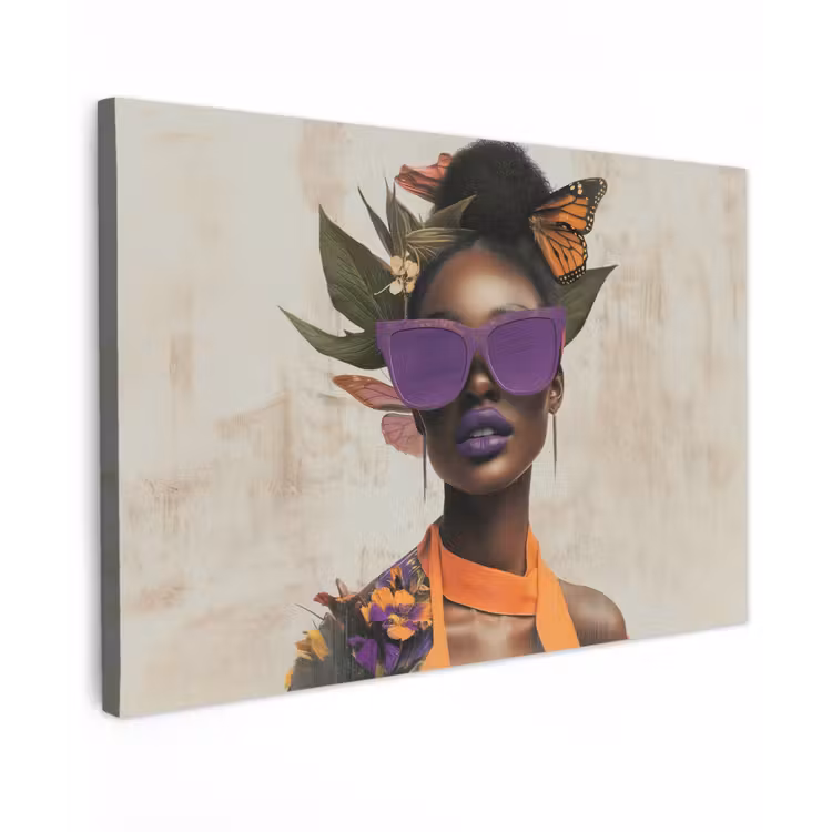 Vrouw - Zonnebril - Vlinder - Bloemen Tuinposter op houten frame 2 cm dik klein -3d