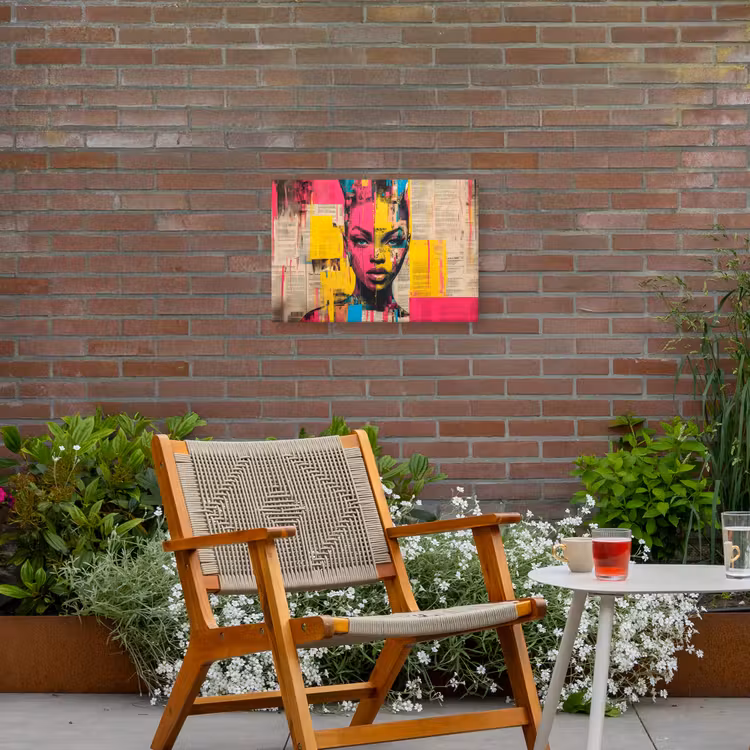 Vrouwengezicht - Krantenpapier - Abstract - Roze Tuinposter op houten frame 2 cm dik klein -sfeer3