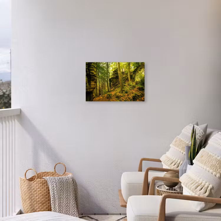 Bosrijke rotsformatie Tuinposter op houten frame 2 cm dik klein -sfeer1