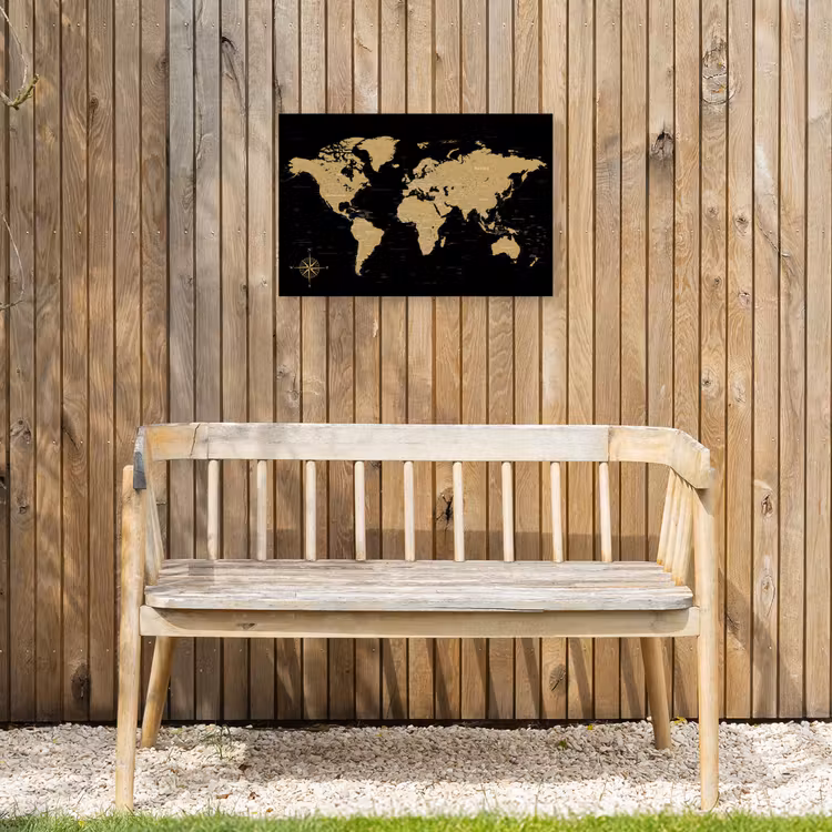 Wereldkaart - Beige - Zwart Tuinposter op houten frame 2 cm dik klein -sfeer4