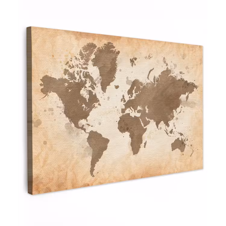 Wereldkaart - Beige - Bruin Tuinposter op houten frame 2 cm dik klein -3d