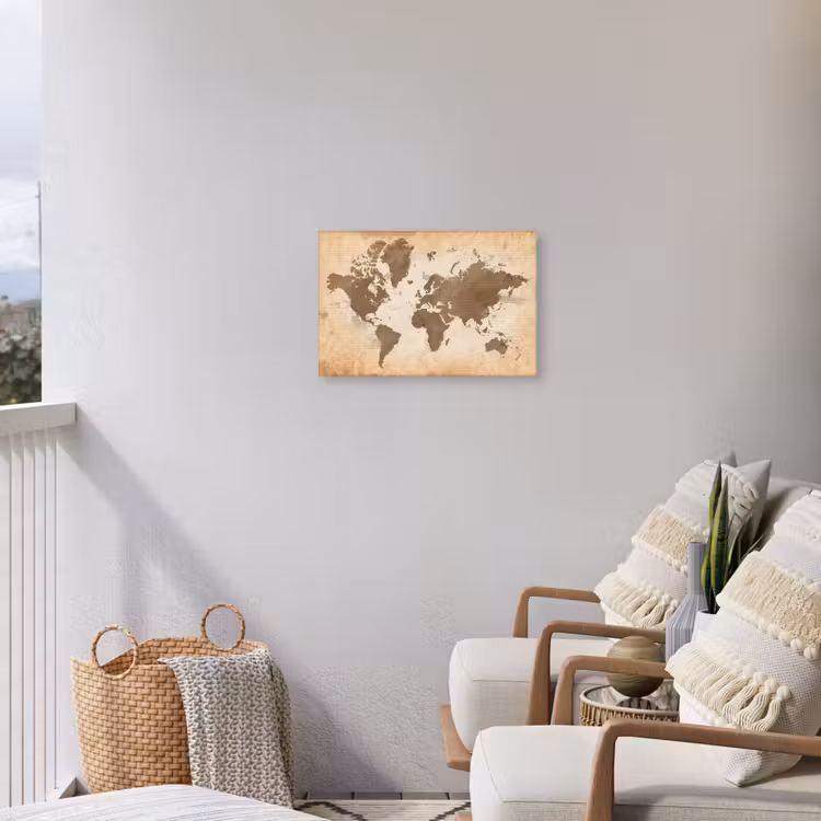 Wereldkaart - Beige - Bruin Tuinposter op houten frame 2 cm dik klein -sfeer1