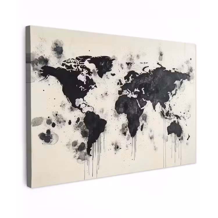 Wereldkaart - Zwart - Inkt Tuinposter op houten frame 2 cm dik klein -3d