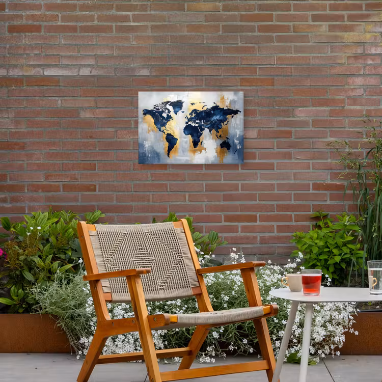 Wereldkaart - Blauw - Abstract Tuinposter op houten frame 2 cm dik klein -sfeer3