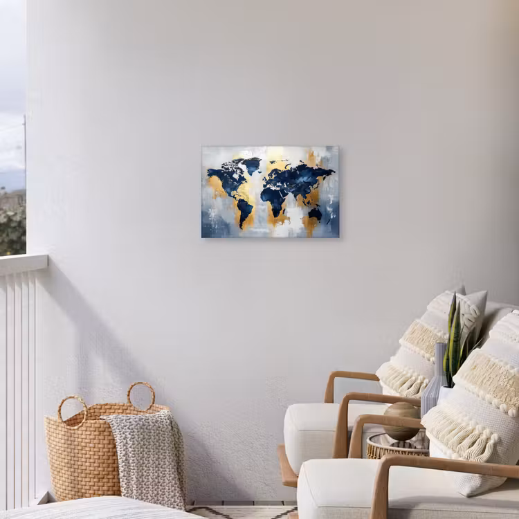 Wereldkaart - Blauw - Abstract Tuinposter op houten frame 2 cm dik klein -sfeer1