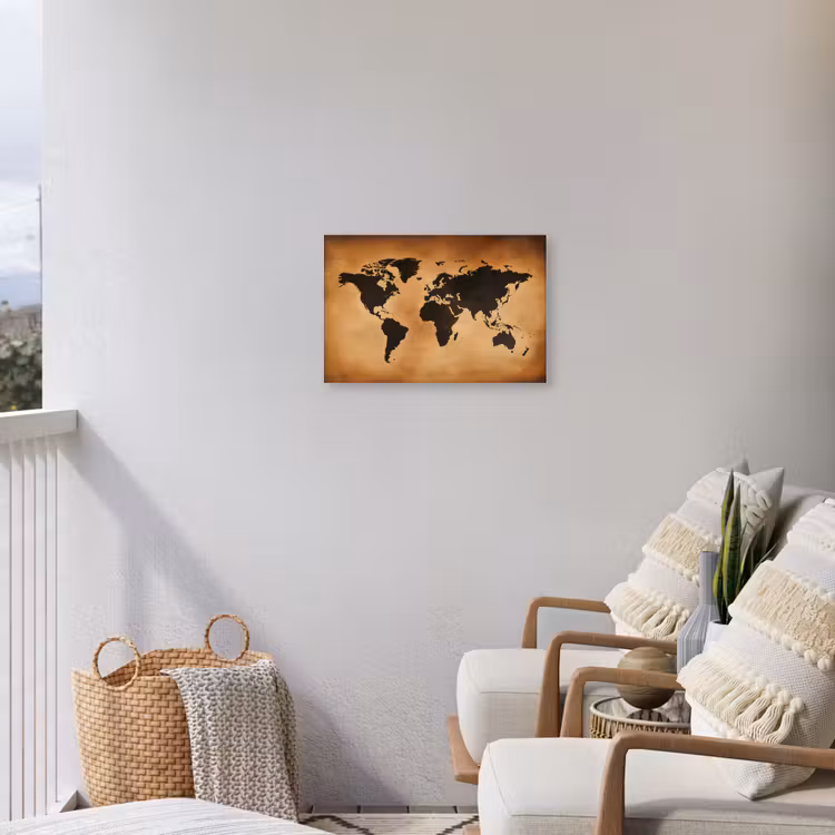 Wereldkaart - Bruin - Kaart Tuinposter op houten frame 2 cm dik klein -sfeer1
