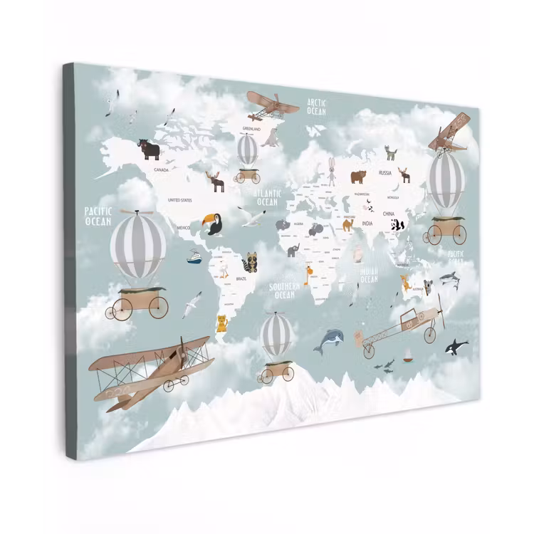 Wereldkaart - Kind - Vliegtuig Tuinposter op houten frame 2 cm dik klein -3d