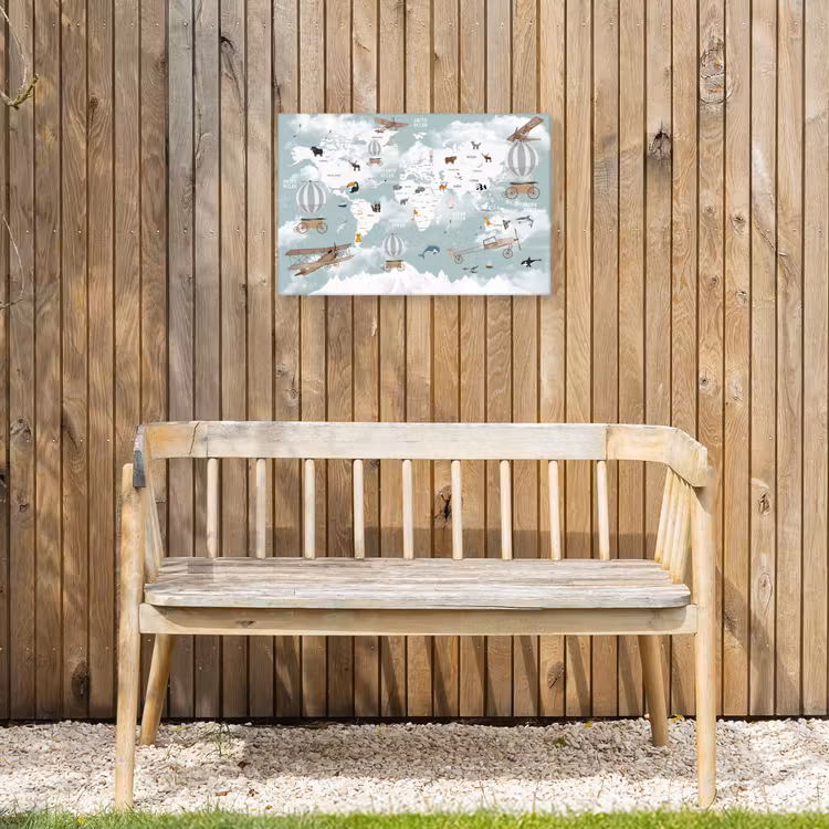 Wereldkaart - Kind - Vliegtuig Tuinposter op houten frame 2 cm dik klein -sfeer4