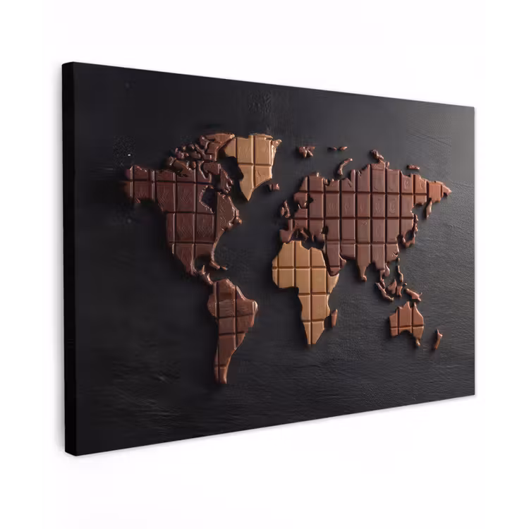 Wereldkaart - chocola - Smakelijke uitstraling Tuinposter op houten frame 2 cm dik klein -3d