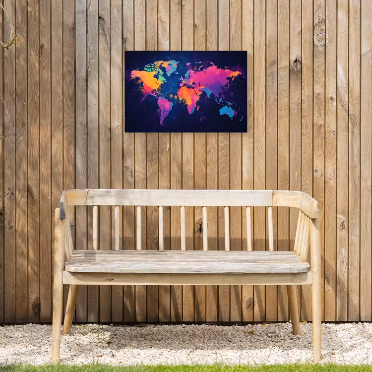 Wereldkaart - Kleurrijk - Graffiti Tuinposter op houten frame 2 cm dik klein -sfeer4