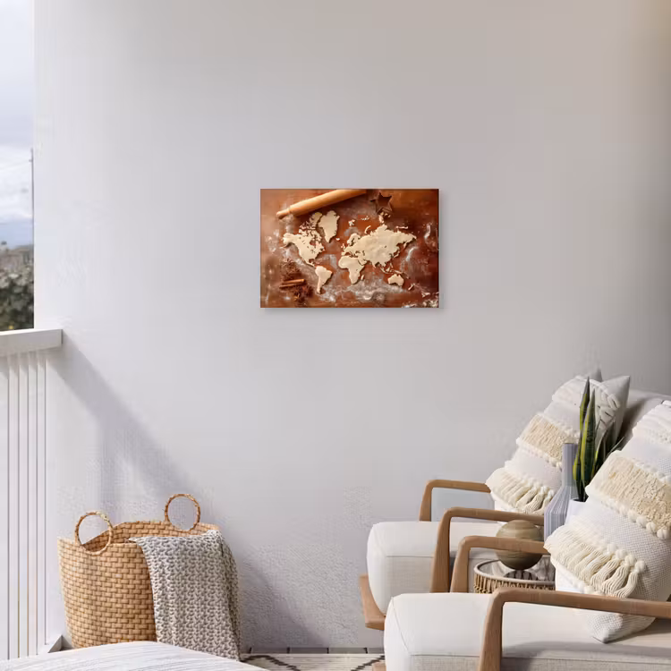 Wereldkaart - Koekjesdeeg - Warme baksfeer Tuinposter op houten frame 2 cm dik klein -sfeer1