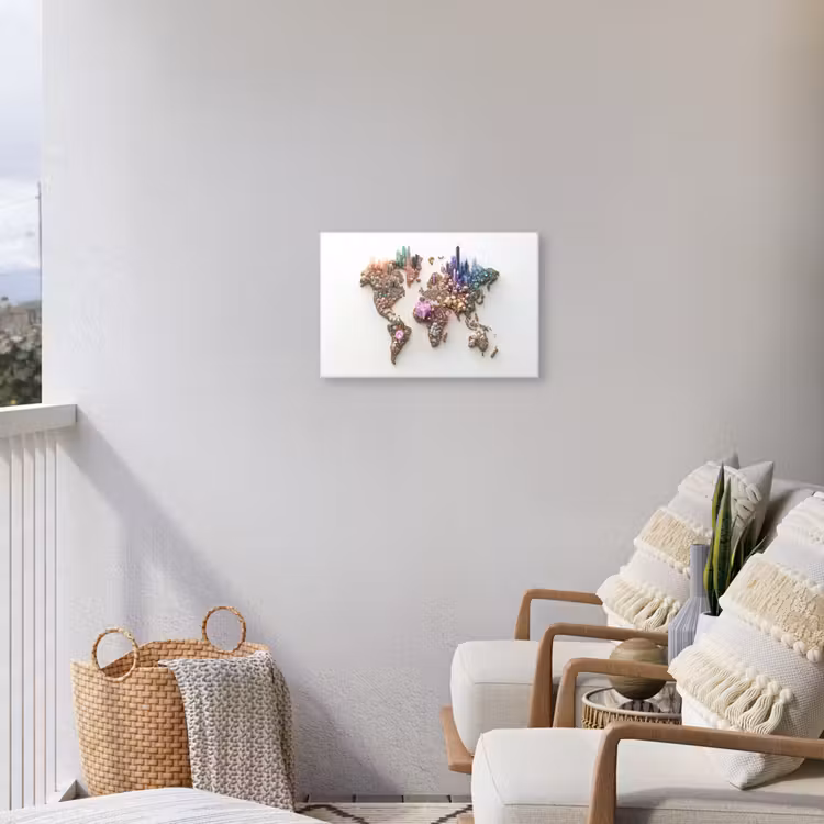 Wereldkaart - Kristallen - Unieke tinten Tuinposter op houten frame 2 cm dik klein -sfeer1