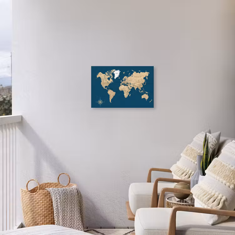 Wereldkaart - Donkerblauw - Beige Tuinposter op houten frame 2 cm dik klein -sfeer1