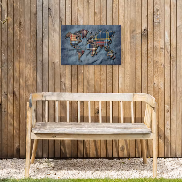 Wereldkaart - Denim - Textiel Tuinposter op houten frame 2 cm dik klein -sfeer4