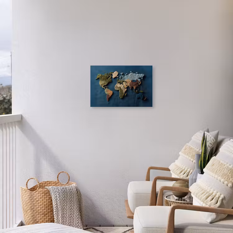 Wereldkaart - Geborduurd - Verschillende tinten Tuinposter op houten frame 2 cm dik klein -sfeer1
