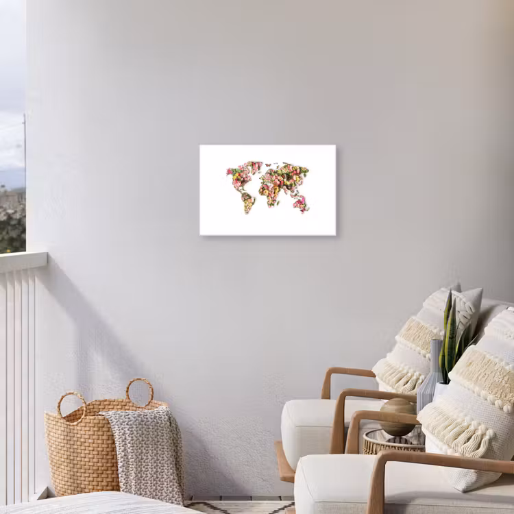 Wereldkaart - Bloemen - Felgekleurd Tuinposter op houten frame 2 cm dik klein -sfeer1