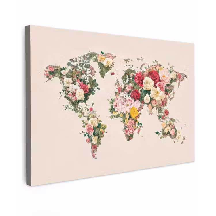 Wereldkaart - Bloemen - Roze Tuinposter op houten frame 2 cm dik klein -3d