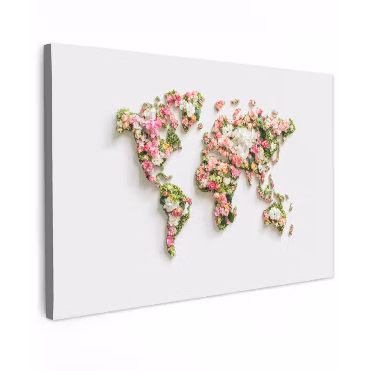 Wereldkaart - Bloemen - Subtiel Tuinposter op houten frame 2 cm dik klein -3d