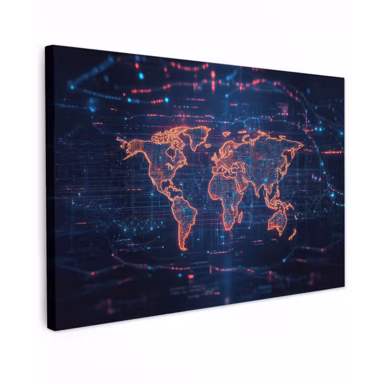Wereldkaart - Futuristisch - Oranje Tuinposter op houten frame 2 cm dik klein -3d
