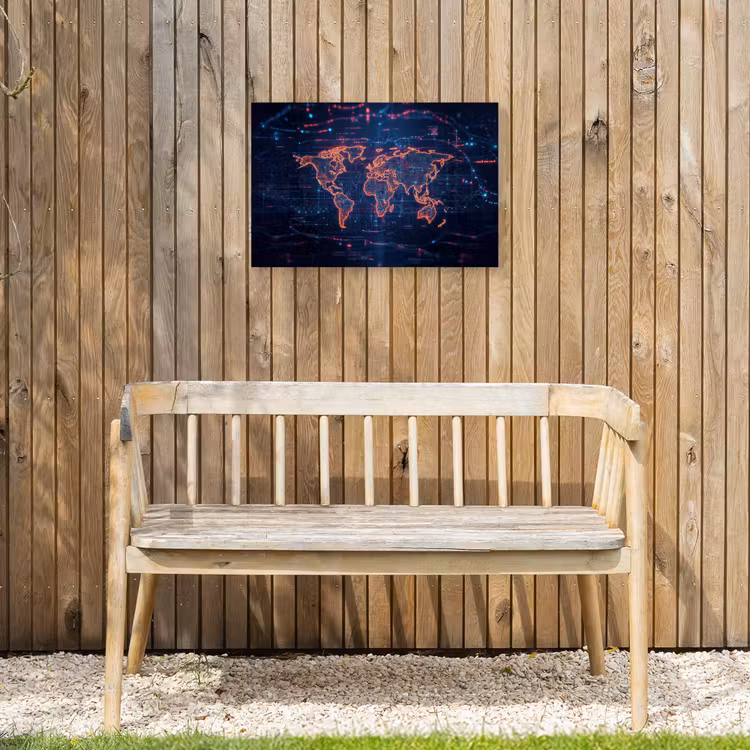 Wereldkaart - Futuristisch - Oranje Tuinposter op houten frame 2 cm dik klein -sfeer4