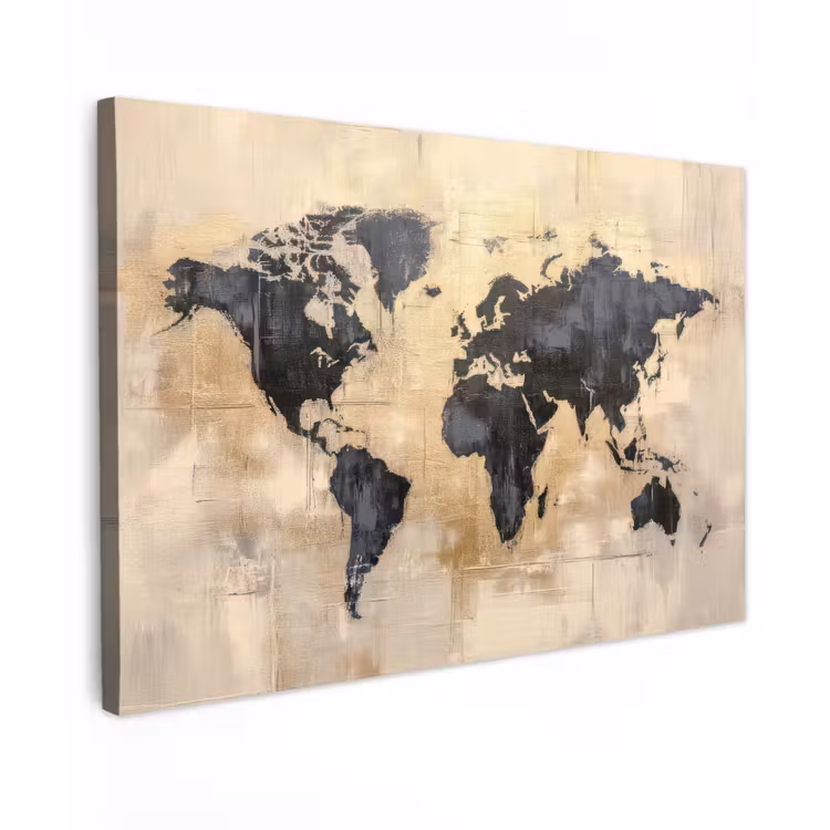 Wereldkaart - Goud - Zwart - Abstract Tuinposter op houten frame 2 cm dik klein -3d