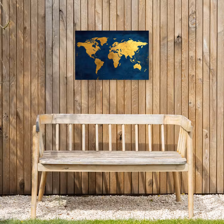 Wereldkaart - Goud - Donkerblauw Tuinposter op houten frame 2 cm dik klein -sfeer4