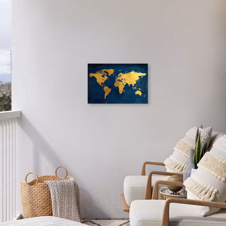 Wereldkaart - Goud - Donkerblauw Tuinposter op houten frame 2 cm dik klein -sfeer1