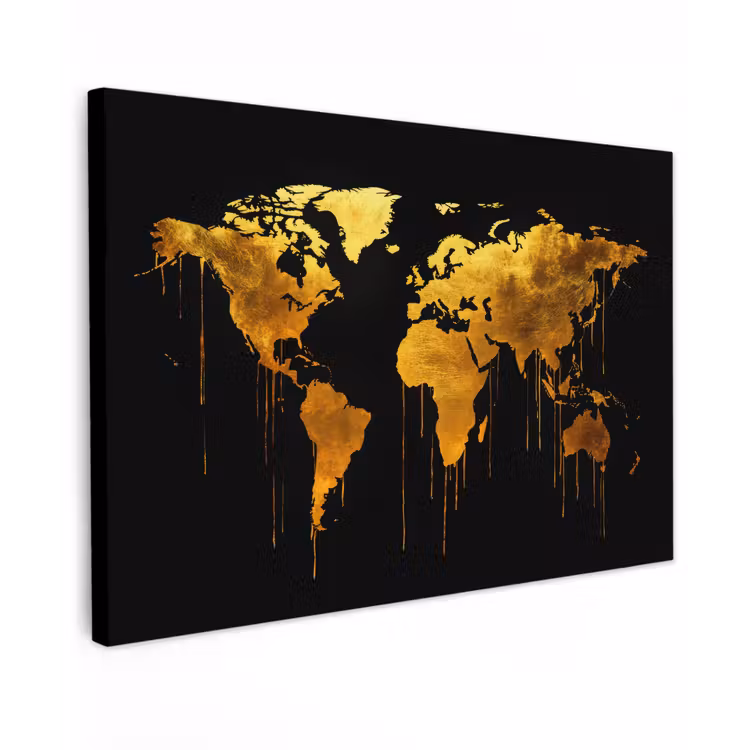 Wereldkaart - Goud - Druipen - Zwart Tuinposter op houten frame 2 cm dik klein -3d