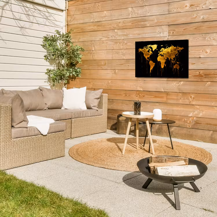 Wereldkaart - Goud - Druipen - Zwart Tuinposter op houten frame 2 cm dik klein -sfeer2