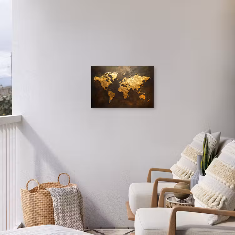 Wereldkaart - Goud - Roest Tuinposter op houten frame 2 cm dik klein -sfeer1