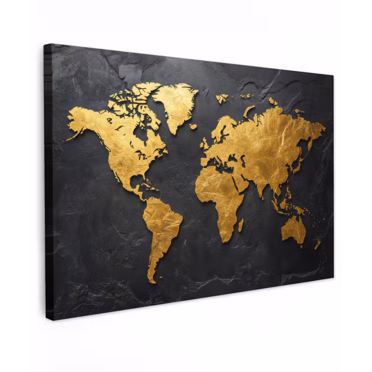 Wereldkaart - Goud - Steen Tuinposter op houten frame 2 cm dik klein -3d