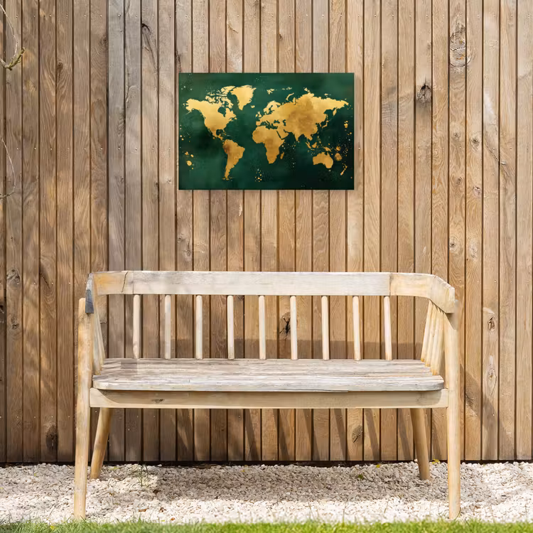 Wereldkaart - Groen - Goud Tuinposter op houten frame 2 cm dik klein -sfeer4