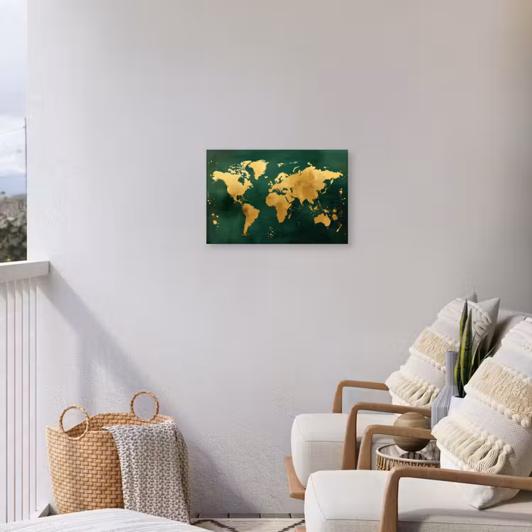 Wereldkaart - Groen - Goud Tuinposter op houten frame 2 cm dik klein -sfeer1